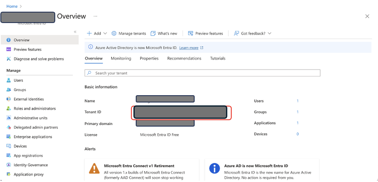 Azure Active Directory tenant overview page showing basic information and tenant ID